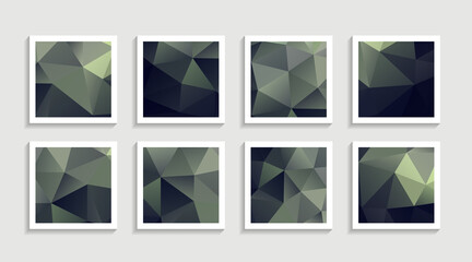 Modern mosaic low poly artwork poster set with simple shape and figure. Abstract minimalist pattern design style for web, banner, business presentation, branding package, fabric print, wallpaper.