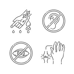 Obraz premium Health care problem linear icons set. Bleeding from hemophilia. Arm injury. First aid for cut vein. Customizable thin line contour symbols. Isolated vector outline illustrations. Editable stroke