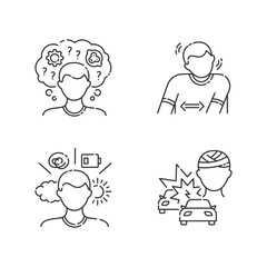 Mental problem linear icons set. Tourette syndrom. Repetitive movement. Psychological disorder. Customizable thin line contour symbols. Isolated vector outline illustrations. Editable stroke