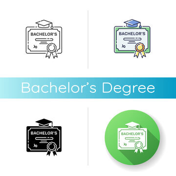 Bachelors Degree Icon. Linear Black And RGB Color Styles. Successful University Graduation Document. Higher Education. Student Diploma, Academic Certificate Isolated Vector Illustrations