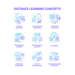 Distance learning concept icons set. Remote classes. Cost effective education. M learning and innovative education idea thin line RGB color illustrations. Vector isolated outline drawings