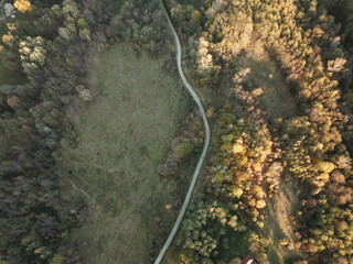 country roads seen from above. autumn landscape with forests and meadows seen from the drone