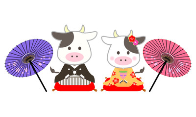 和装をして座っているかわいい牛と和傘のイラスト　

