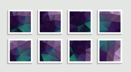 Modern mosaic low poly artwork poster set with simple shape and figure. Abstract minimalist pattern design style for web, banner, business presentation, branding package, fabric print, wallpaper.