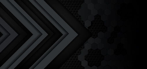 Abstract gray and black arrow glossy metal direction on dark hexagon mesh pattern design background.