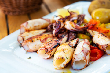 Delicious grilled whole squid with tomatoes, cucumbers slices, beetroots pieces and green dandelions served in white plate for an healthy mediterranean meal