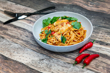 Vegetable noodles with chicken meat preparation