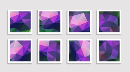 Modern mosaic low poly artwork poster set with simple shape and figure. Abstract minimalist pattern design style for web, banner, business presentation, branding package, fabric print, wallpaper.