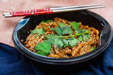 Korean Japchae recipe with chicken Sweet potato vermicelli, vegetables
