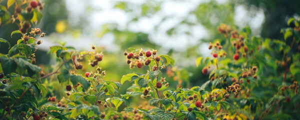 Obraz na płótnie Canvas Ripe raspberries hanging on a big bush, vegetarian food, organic food, natural food