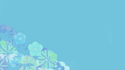 梅の花が描かれた和柄の青い背景イラスト