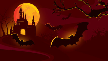 Halloween background with castle and flying bats. Scary night scene.