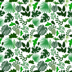 Fototapeta na wymiar Seamless pattern of leaves and greenery. Template for creating backgrounds, wallpapers, wrapping paper, clothes. Leafy botanical natural background vector illustration