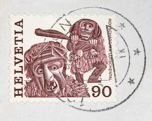briefmarke stamp gestempelt used schweiz vintage retro alt old helvetia masken roitschäggäfä...