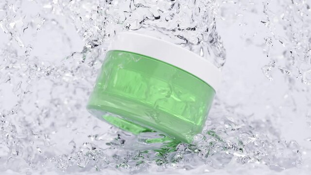 Cosmetic plastic green jar with transparent moisturizing cream and white lid in frozen water. Glass packaging in drops of water, jet of ice, cool, snow. Realistic layout of packaging 3d animation.