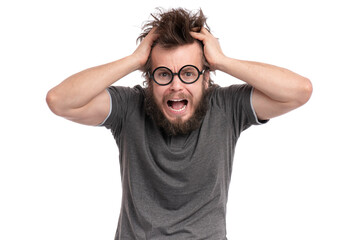 Crazy Scared or Shocked Bearded Man with funny Haircut in Eyeglasses looks Worried. Screaming...
