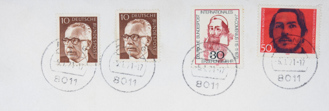 vintage retro old alt gestempelt used stamps briefmarken post letter deutsche bundespost gesicht mann face man brille 10 braun bart comenius rot red friedrich engels