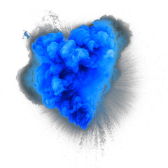 Blue  explosion isolated on white background. Textured photo of gas and smoke explosion	
