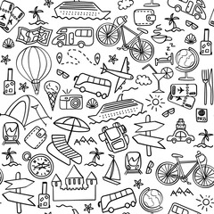 Hand drawn travel seamless pattern. Summer vacation doodles on white background. Vector illustration.