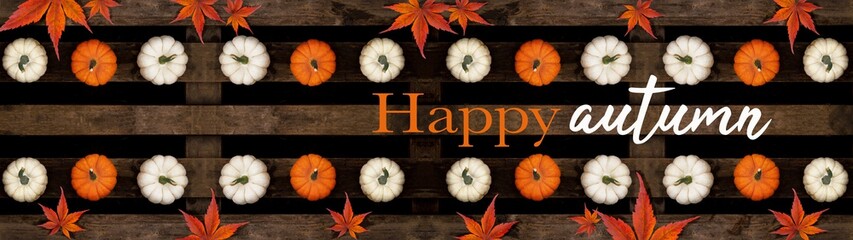 Happy autumn background banner panorama - Top view from different autumnal orange and white colorful pumpkins and red orange fallen leaves on old rustic wooden pallet and hand drawing lettering