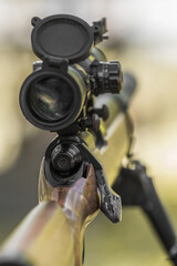 Obraz premium Classic precising wooden sniper bolt action attach precising high military grade scope lens long range with bipod