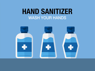 Set of hand sanitizer portable bottle. Flat vector of alcohol gel for hand washing to protect the virus, bacteria or pollution. Hygienic product in flat design style with disinfection concept.