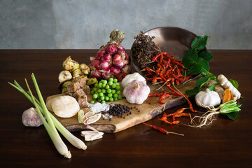 Spices with ingredients on table wood. Asian food, Thai food cooking concept.
