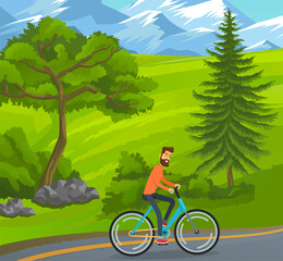 Happy bearded man riding bicycle on road near green trees, hills at snowy mountains background. Cheerful guy enjoy of riding outdoors. Young man traveling on bike. Summer nature. Vector image