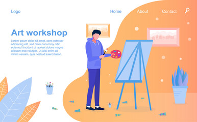 A flat vector illustration of an art workshop website with cartoon character.