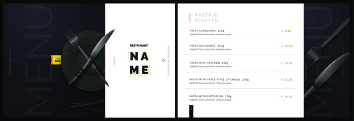 Vector menu template for restaurant and cafe. Menu cover design in black and white with fork and plate knife background. Modern restaurant fucking booklet brochure design - obrazy, fototapety, plakaty