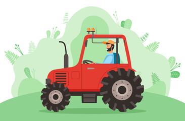 Driving tractor on road near meadow on nature landscape. Bearded farmer driving tractor and siting in agrimotor cabin. Agriculture driver profession harvesting and cultivation in summer in countryside