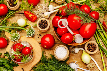 Pickling vegetables concept. Cooking process, spices, fresh fragrant herbs