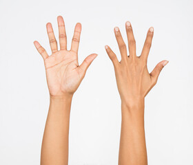 Woman hands in front ,back on a white background.
