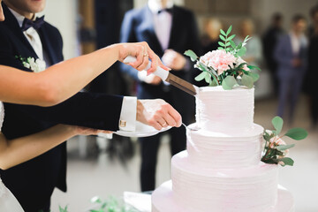 Bride and groom at wedding cutting the wedding cake