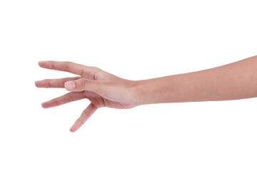 The woman's hand is reaching Catch something on a white background
