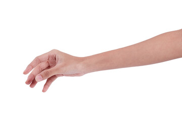 The woman's hand is reaching Catch something on a white background