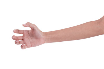 A hand holding something like a bottle on white background