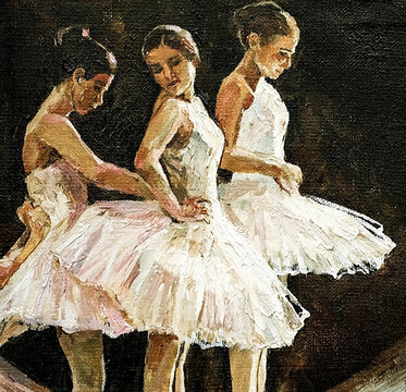 Young ballerinas in the light pink tutus behind the curtain are preparing for the performances.The background is black. Oil painting on canvas.                              