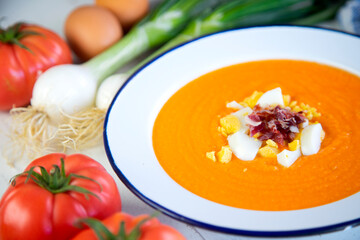 Traditional spanish Salmorejo. Cold tomato soup made with garlic, tomatoes, onion, bread and served with olive oil, iberico ham and boiled egg.