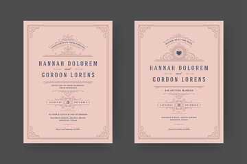Wedding invitation and save the date cards flourishes ornaments vignette swirls.
