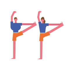 young couple practicing exercise characters