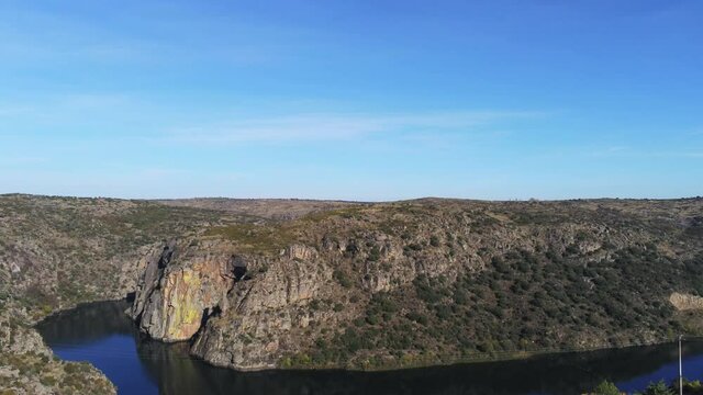 Cliffs  and river in Arribes do Douro, Portugal. Aerial Drone Footage