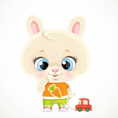 Cute little bunny boy playing with a red toy car isolated on white background