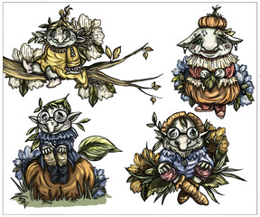 Fairytale cartoon characters, four small, magic gnome with big heads and pointed ears. One sits on a pumpkin, second sits on a branch, third in flowers and the fourth stands in a beautiful attire.