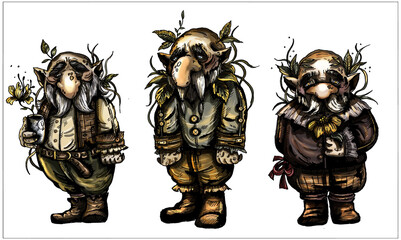 Fairytale cartoon characters, three kind, friendly forest gnome with big noses, from moustache and beard, with small pointed ears, with leaves and magic plants, in trousers and shirt and vest. Set.