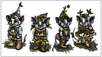 Magic cartoon characters, four cute fairytale little mice in different clothes, hats and different poses, plump, with large heads and short legs in shoes, pointed ears, long tails and vegetation. Set.