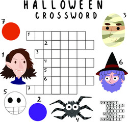 Halloween crossword for kids stock vector illustration. Simple printable square thematic crossword with answer. Simple english language word game for children with little cartoon arts illustration.