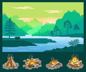 Fototapeta na wymiar Simple vector landscape with silhouettes of trees, mountains near river. Set of four icons with different bonfire. Beautiful view of nature, nobody. Cartoon illustration of summer nature, evening time