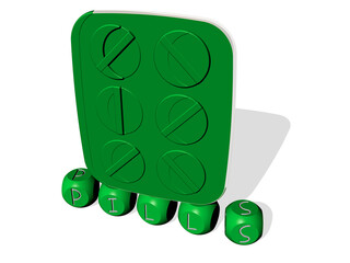 3D graphical image of PILLS vertically along with text built by metallic cubic letters from the top perspective, excellent for the concept presentation and slideshows. background and medicine
