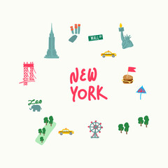 Set of attractions in New York USA. The set includes the famous statue of Liberty with a torch, the Brooklyn Bridge, the Zoo, Central Park, times Square, the Empire state building. With the